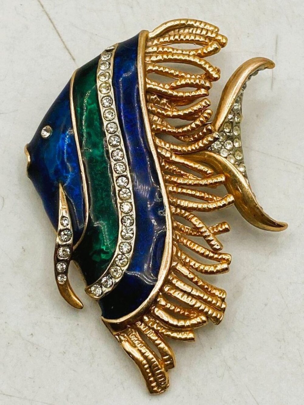 Angel Fish Brooch Large Blue/Green Enamel Rhinestones Gold Tone Fringe